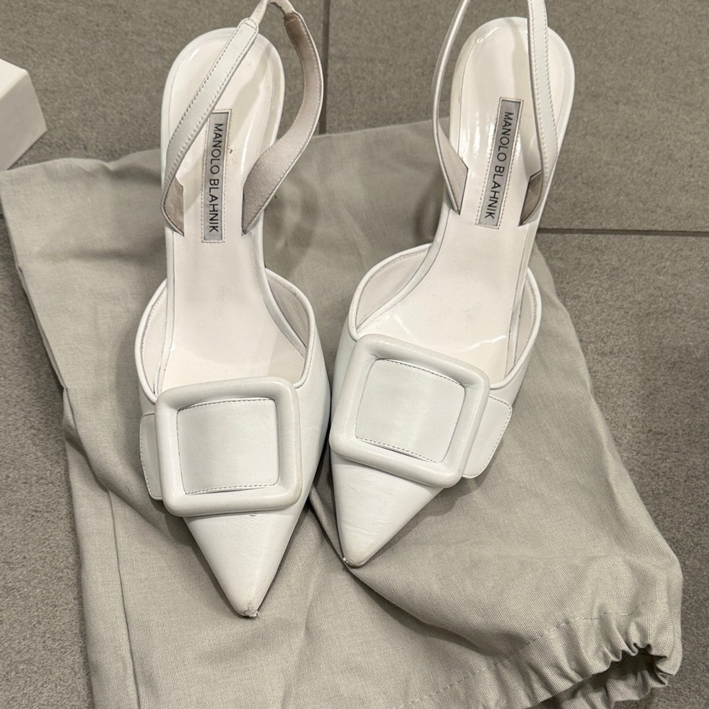 Manolo Blahnik White Buckle Slingback Heels